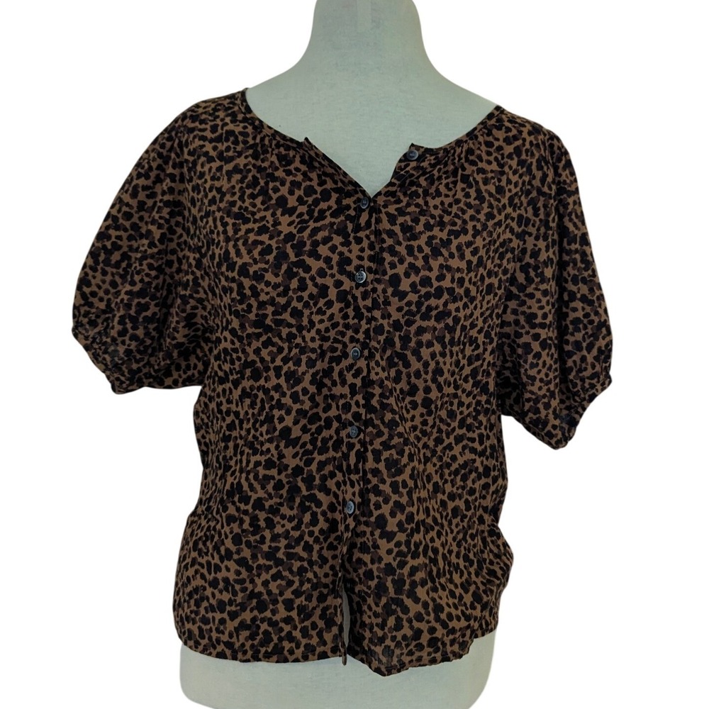 Madewell Blouse Women S Brown‎ Leopard Print Puff Sleeve Button Front Cotton Top